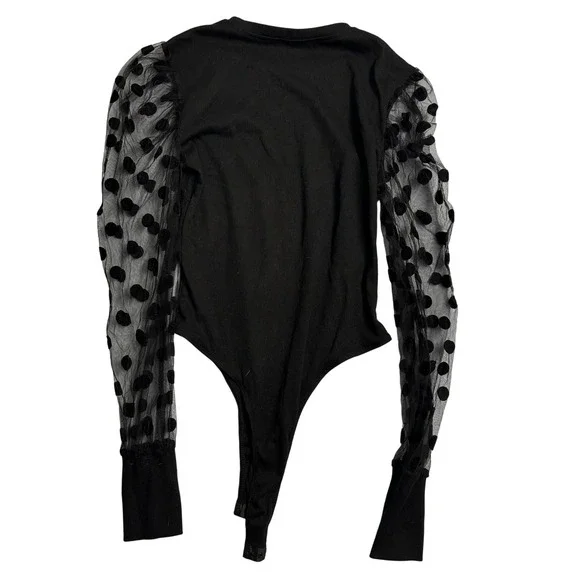 Shein Black Bodysuit Top Polka Dot Mesh Puff Long Sleeves Ribbed Womens‎ Medium - Picture 7 of 7